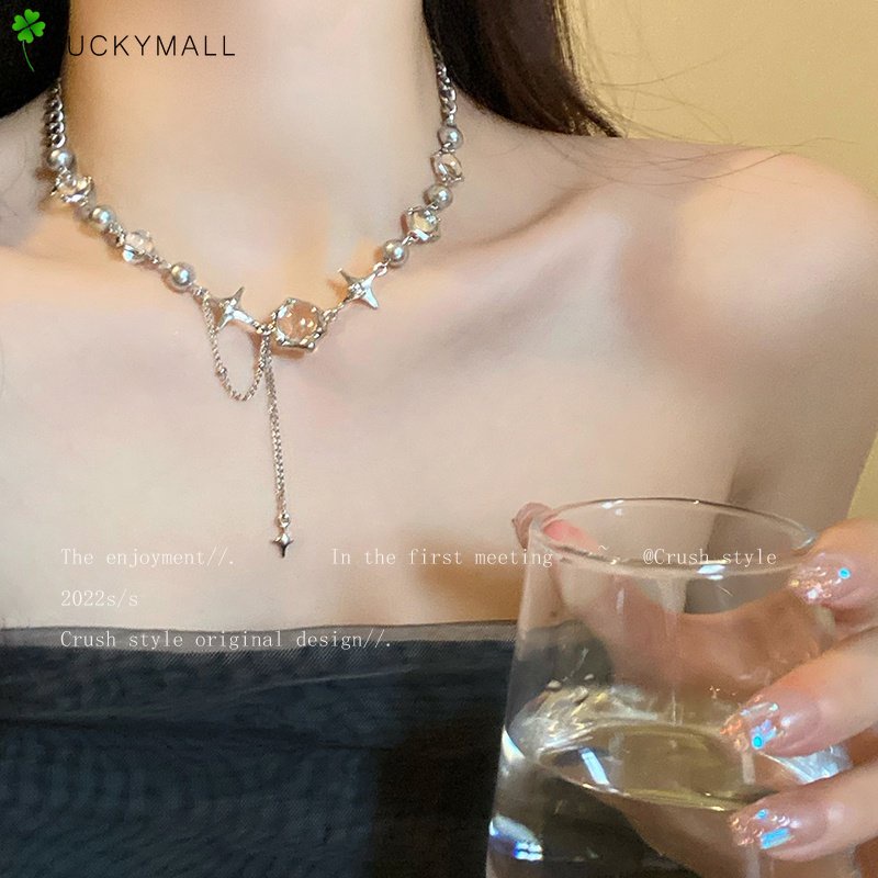 Kalung Choker Rantai Klavikula Hias Liontin Bintang 4 Sudut Bahan Zirkon Warna Silver Untuk Wanita