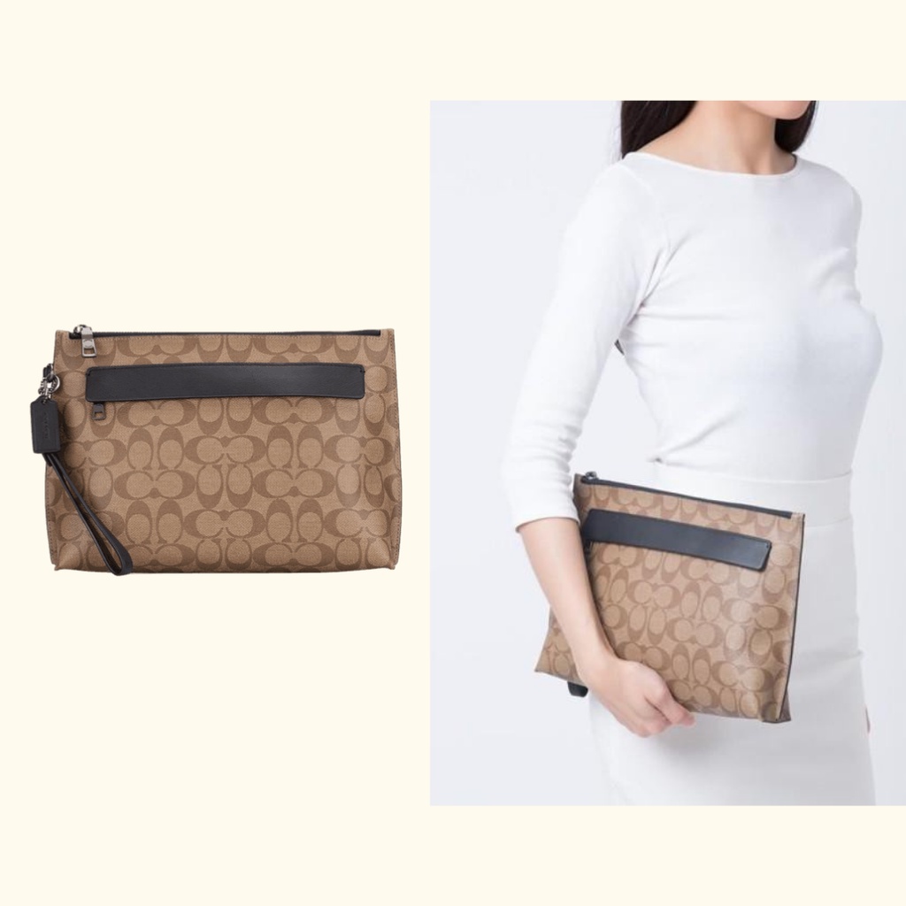 [ORIGINAL 100%] Coach Men 29508 Pouch Bag Signature Canvas - Khaki Saddle Black