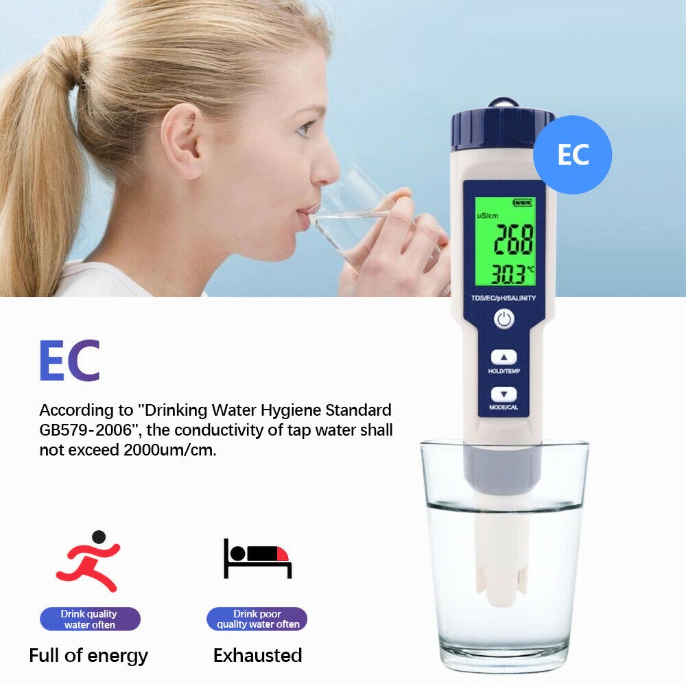 5 In 1 Tds / Ec / Ph / Salinity / Temperatur Meter Digital Untuk Mengukur Kualitas Air