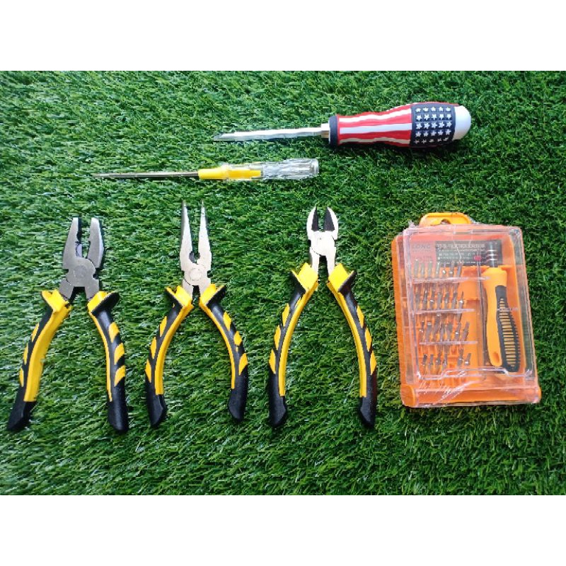 Paket Tang Set &amp; Obeng Set - Tang Kombinasi, Tang Lancip, Tang Potong, Obeng HP 32 in 1, Obeng Bolak Balik, Obeng Test Pen Tespen