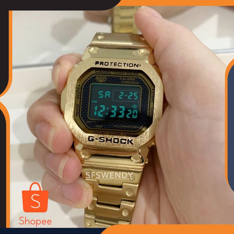 Promo G Shock Rantai Stainless full Gold Emas DW-5600 kotak Jam tangan pria digital anti air karat