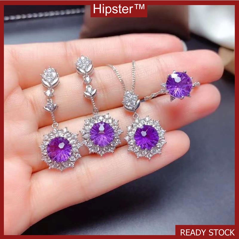 Hot Sale Fashion Amethyst Rings Pendants Stud Earrings Amethyst Necklace Set