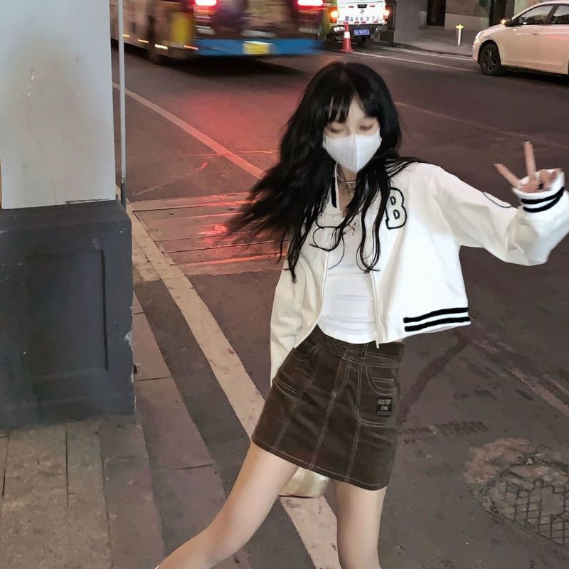 B ZIPPER BASEBALL Sweater Crewneck Oversize Outerwear Wanita Fashion Terkini Korean Style