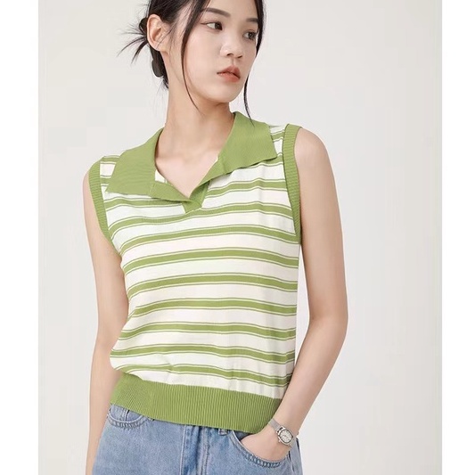 【Elegant】Striped Sleeveless Turn-down Collar Vest 7492