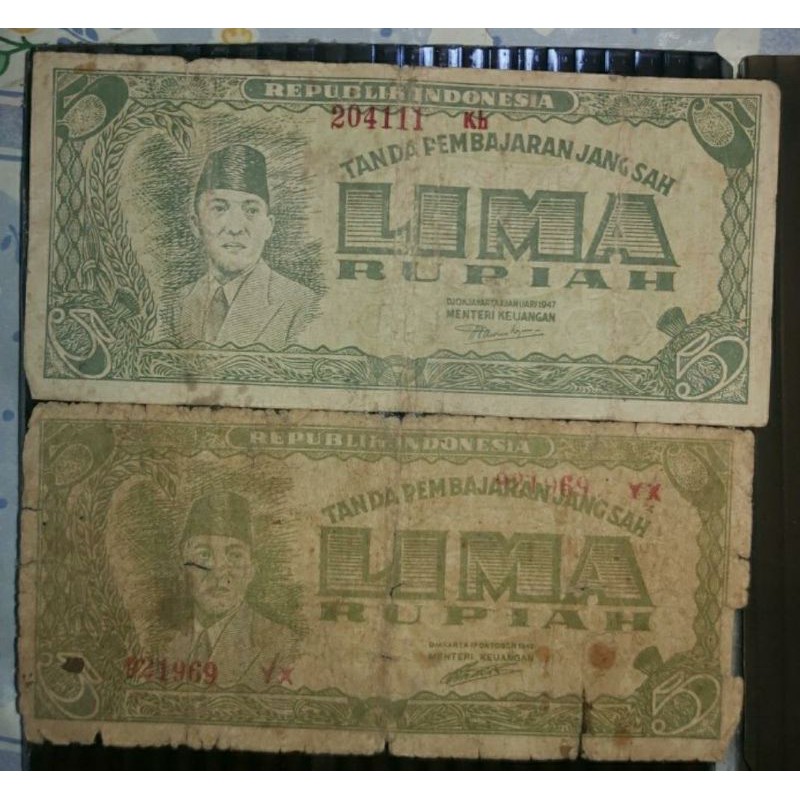 Uang Kertas Kuno Soekarno 5 Rupiah tahun 1947 2 lembar