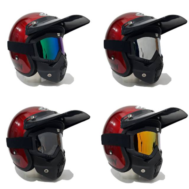 Helm Retro Jpn Maroon Gloss Pet PANJANG Dengan Goggle Mask