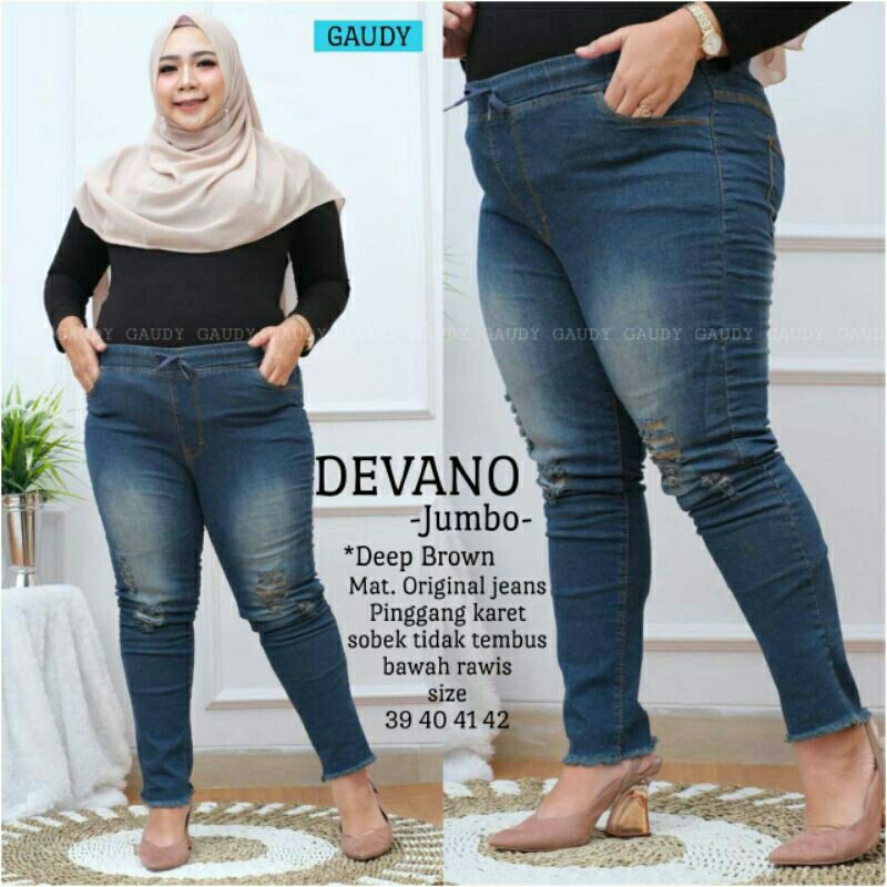 Celana jeans cewek ripped (sobek lapis) jumbo pinggang karet