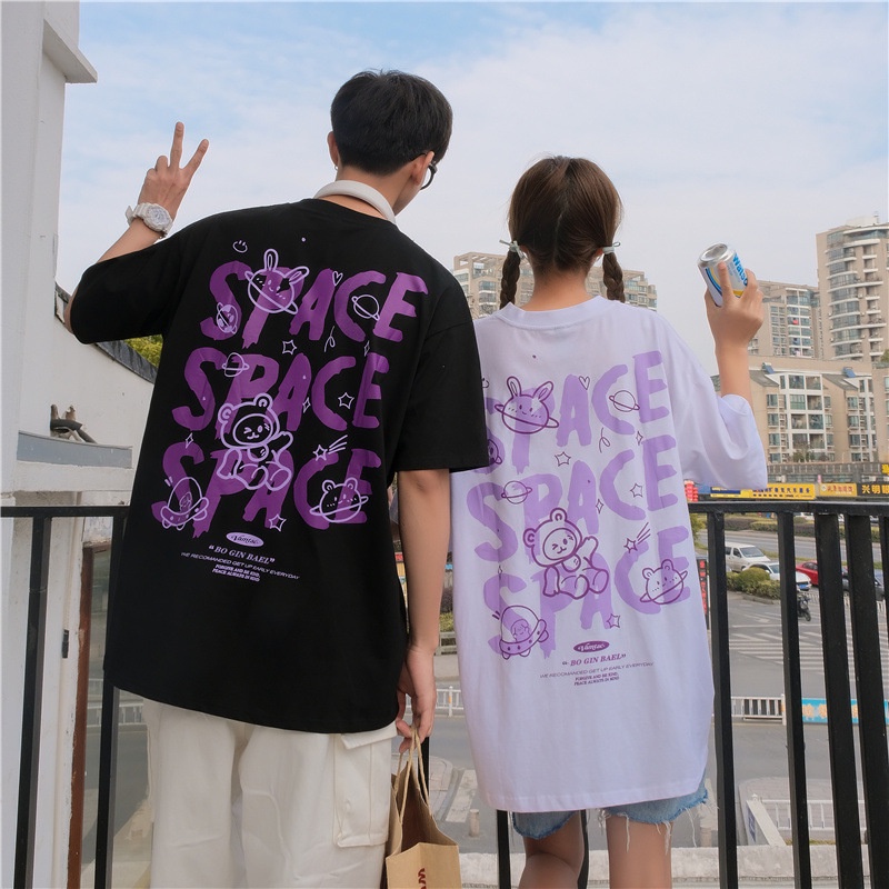 [littlecrab] Kaos Oversize Korea Space Lucu Kaos Couple Unisex Beruang Bulan Planet Korean Style