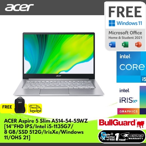 ACER ASPIRE 5 SLIM A514-54-55WZ [14''FHD IPS/INTEL i5-1135G7/8 GB/SSD 512G/IRISXE/WINDOWS 11/OHS 21]