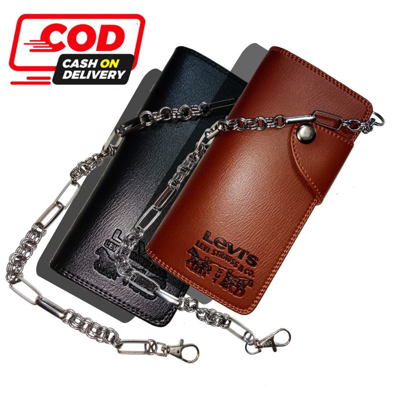 Dompet Pria Ukuran Panjang + Rantai Dompet Kulit Sintetis Premium