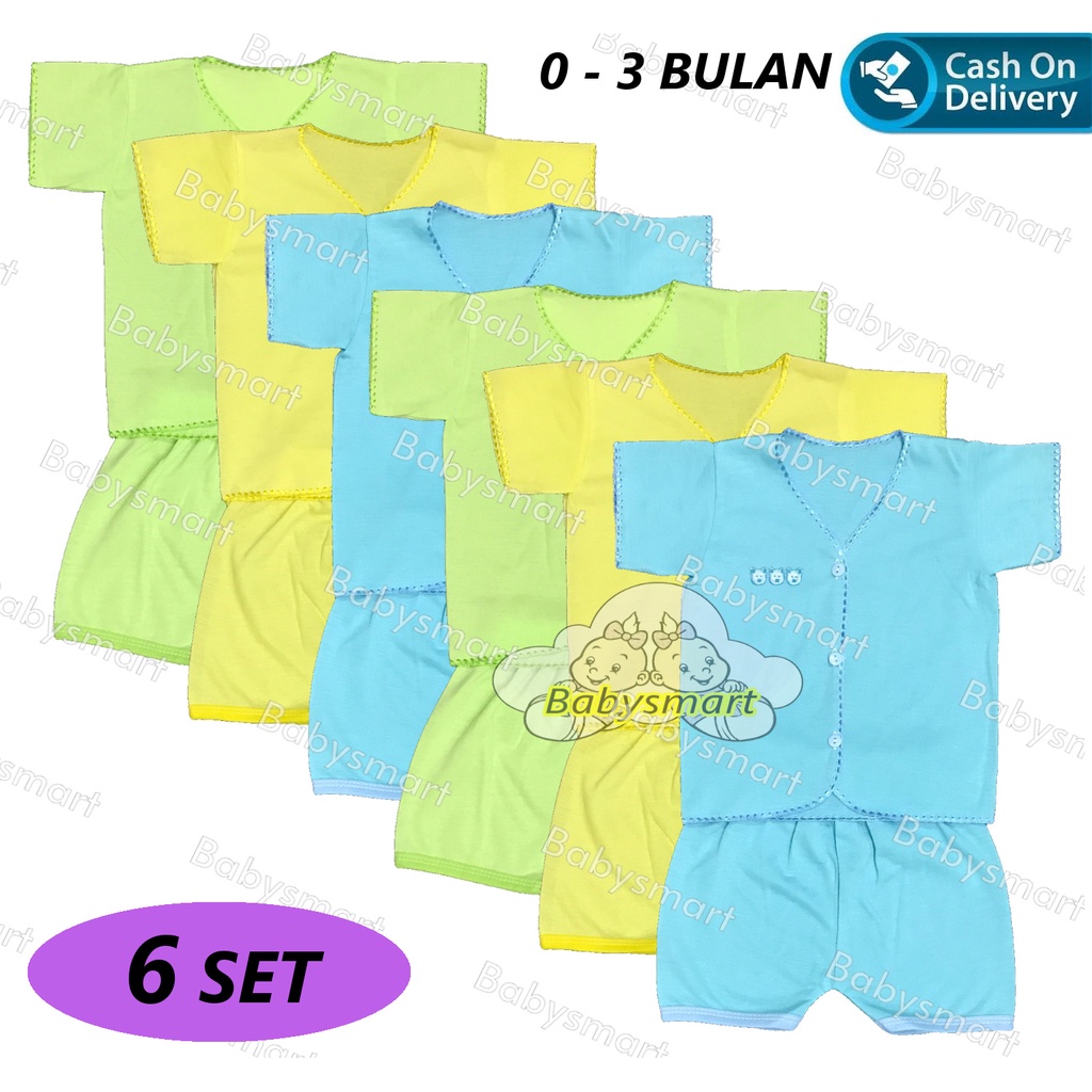 Babysmart - 6 SET Setelan Baju Bayi Pendek+Celana Pendek Polos WARNA umur 0-3 bulan/baju anak laki-laki/perempuan BOY/GIRL