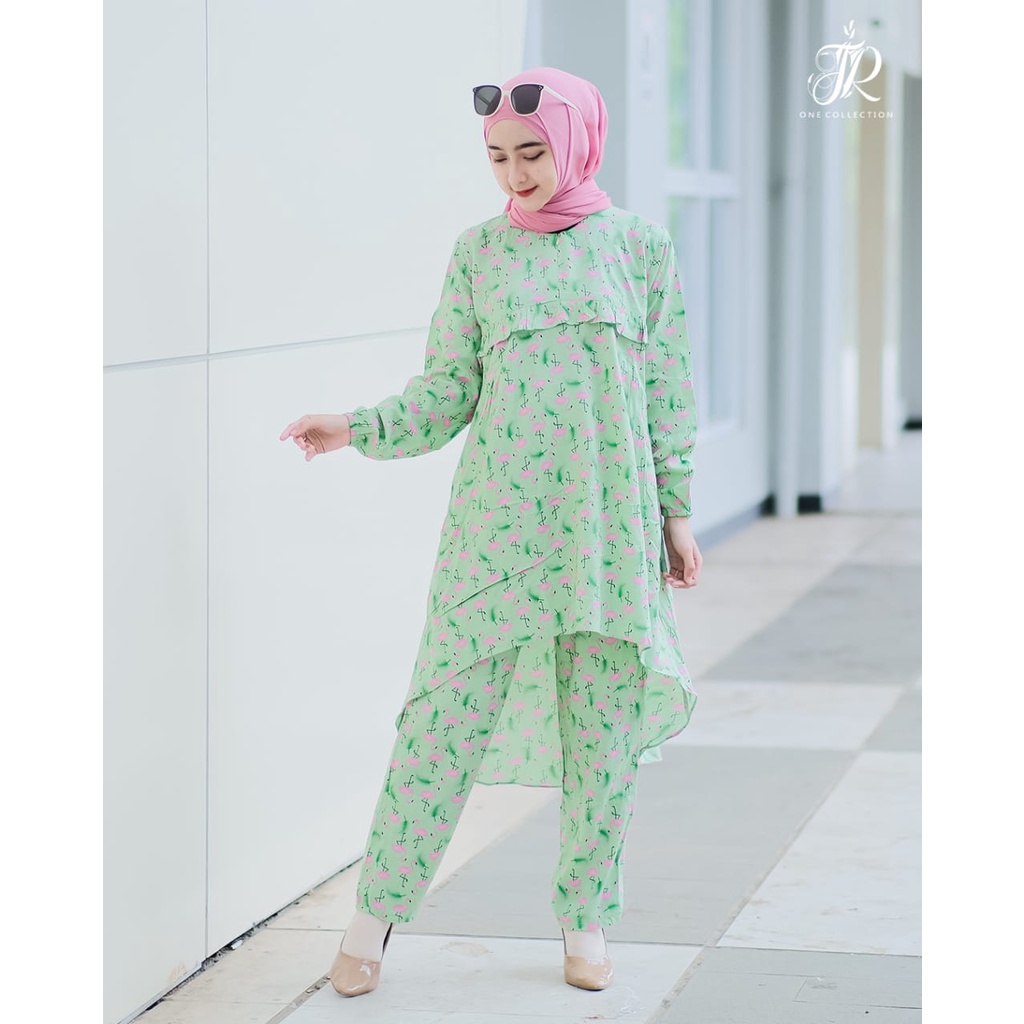 One set Celana Rayon MOTIF camelia abstrak tifany flamingo original JR ONE model bat cave homedress