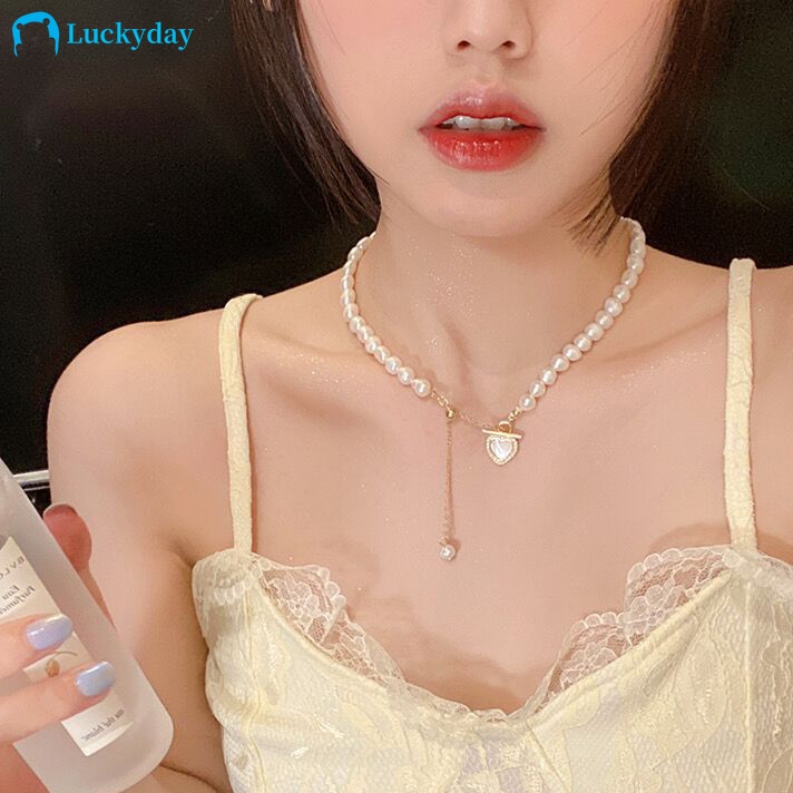 YEEZII Kalung Choker Rantai Liontin Hati Mutiara Warna Emas Untuk Wanita