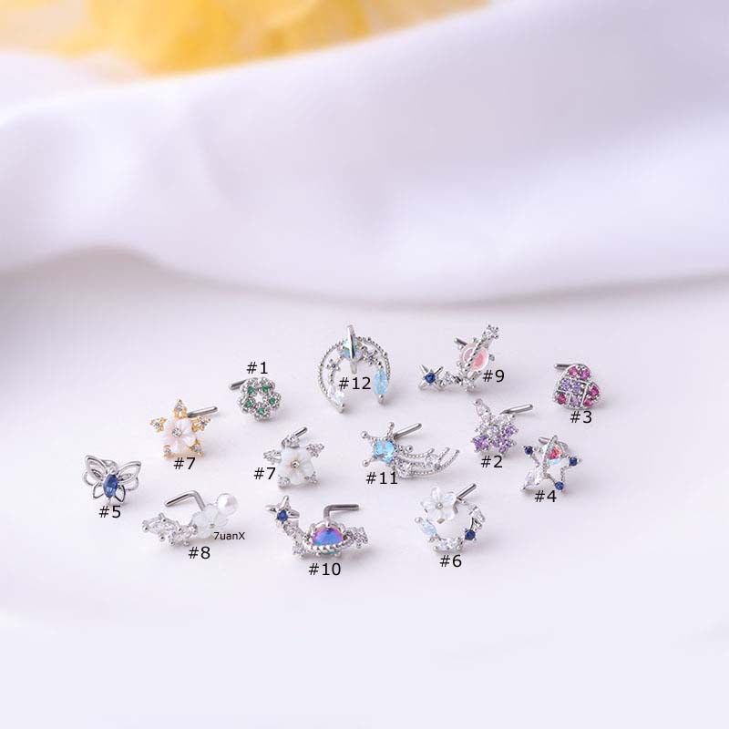 1pc Anting Tindik Hidung / Tubuh Bentuk L Bahan Stainless Steel Dengan Zircon 20Gauge