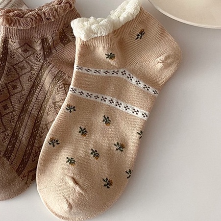 MURMURE.ID | KAOS KAKI WANITA MOTIF KARAKTER CUTE KAOS KAKI PENDEK MOTIF SEMATA KAKI IMPORT MURAH-FLOWER IVORY