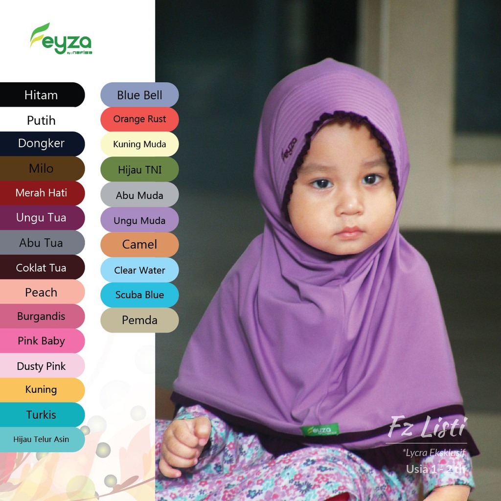 Jilbab Instan Anak Feyza Listi | Hijab Instan Bergo Anak Kerudung Pet Anak Usia 1-2 Tahun