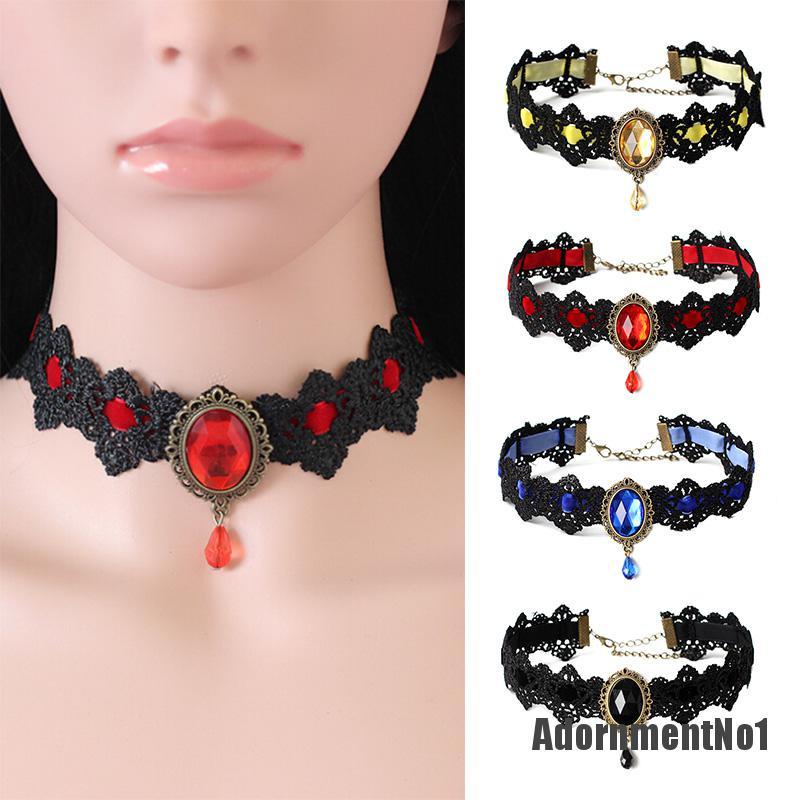 (Adornmentno1) Kalung Choker Lace Hitam Hias Kristal + Rantai Gaya Vintage / Gothic Untuk Wanita