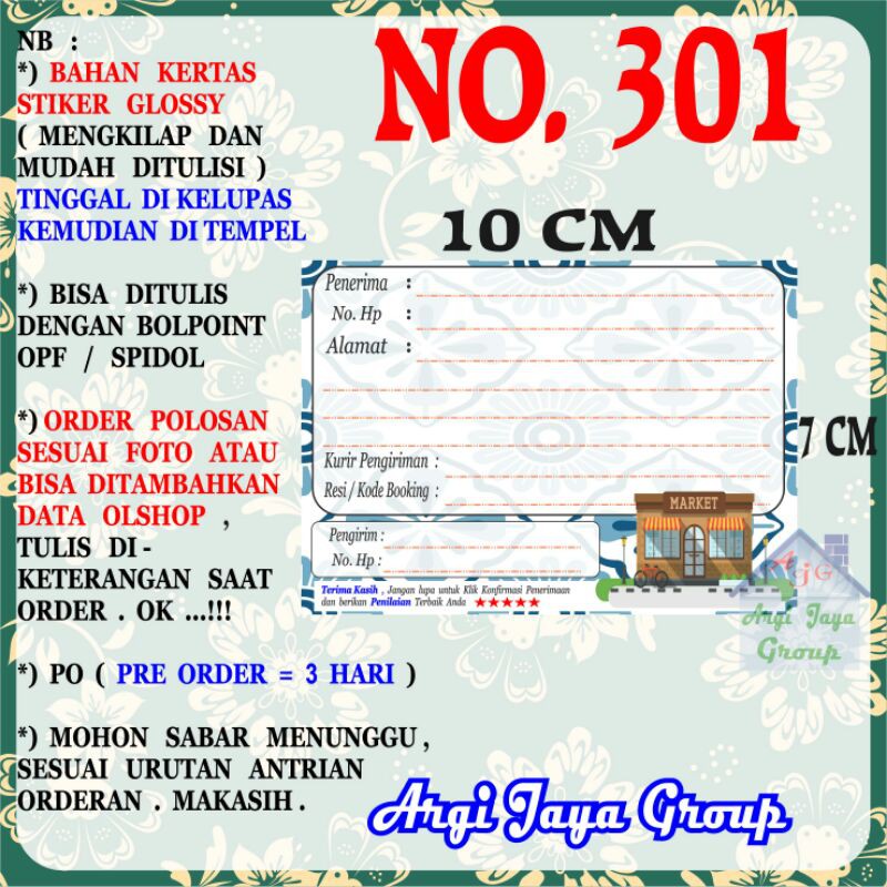 

Stiker Pengiriman - Sticker Alamat Olshop Murah Nomer 301 - 10x7 cm - Glossy