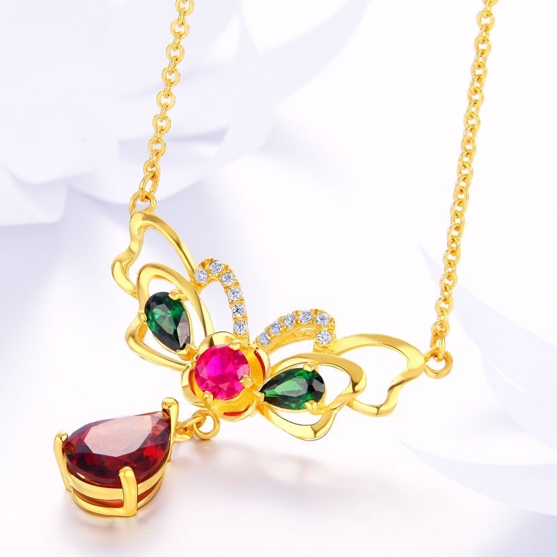 Goldkingdom Fashion Perhiasan Emas Asli Kadar 375 Bangkok Aksesoris Ready Stock Lapis Emas Kupu-Kupu Kalung Wanita Mewah Bertatahkan Garnet Rantai Pernikahan