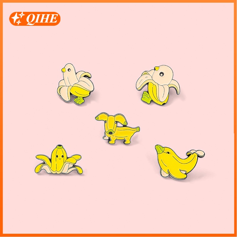 Bros / Pin Enamel Bentuk Pisang / Anjing / Burung / Ikan 5 Model Untuk Aksesoris Tas Ransel / Hadiah
