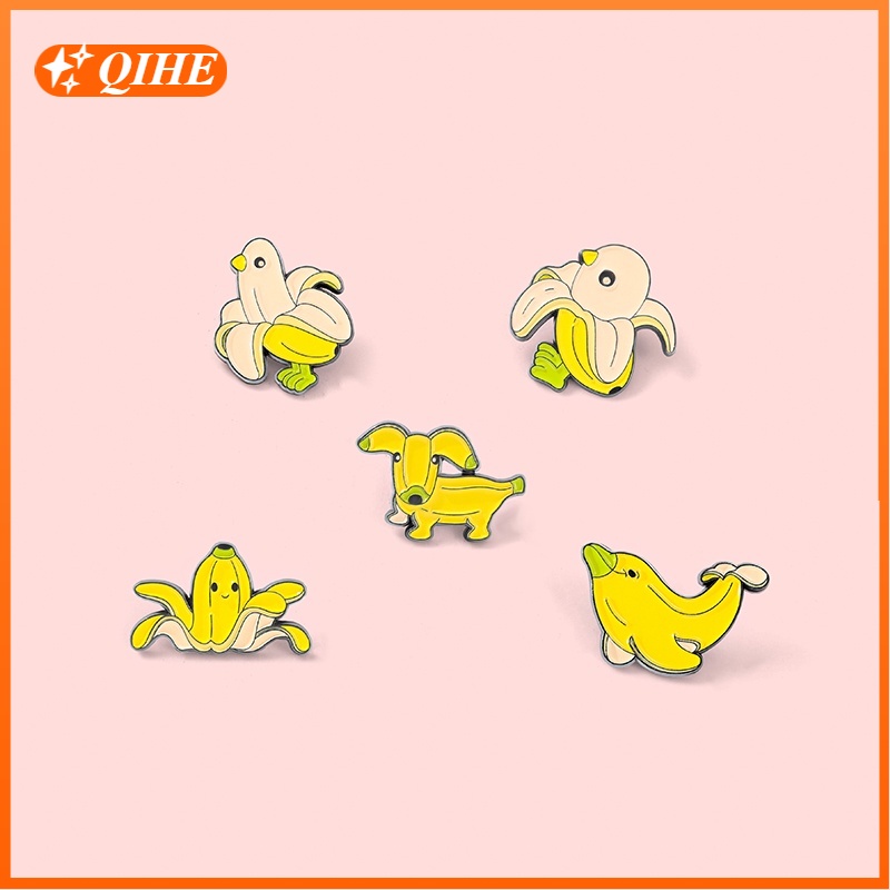 Bros / Pin Enamel Bentuk Pisang / Anjing / Burung / Ikan 5 Model Untuk Aksesoris Tas Ransel / Hadiah