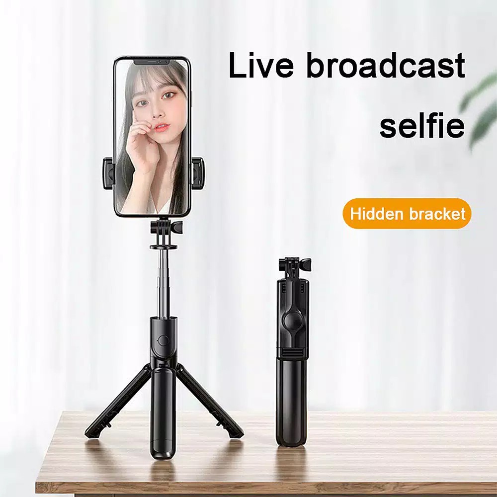 Tongsis tripod bluetooth remot control wireless live stream mini lipat selfie stick 3in1 holder kamera camera hp handphone - dinno.id