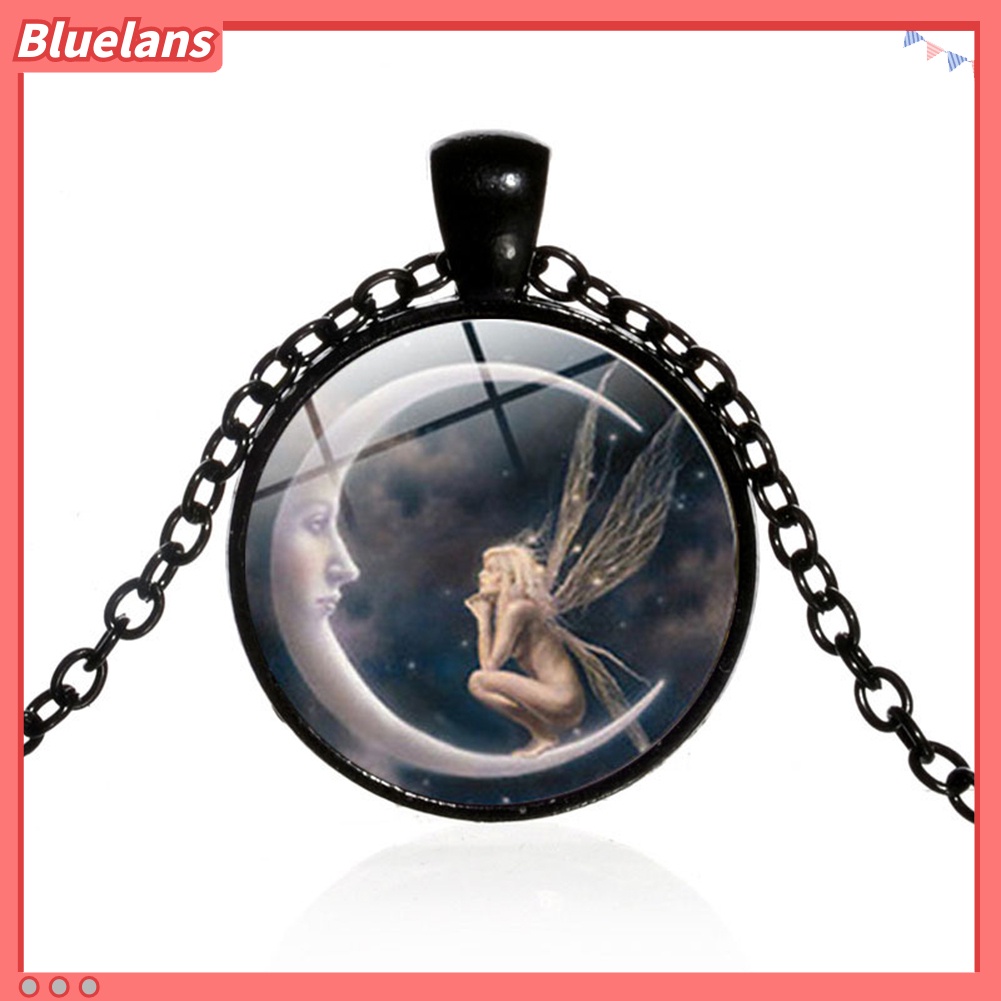 Bluelans Vintage Women Moon Angel Cabochon Glass Pendant Sweater Chain Necklace Jewelry