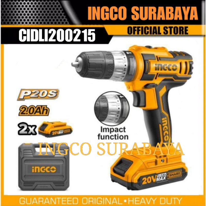 ingco cidli200215 impact drill cordless 10mm mesin bor baterai besi kayu baterai 20v p20s