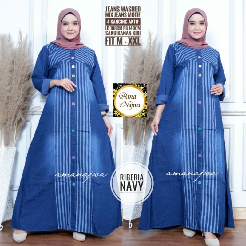 Gamis Jeans Jumbo Wanita Muslim Import Terbaru Bahan Jeans Premium LD 102 PB Original Ama Najwa Saku