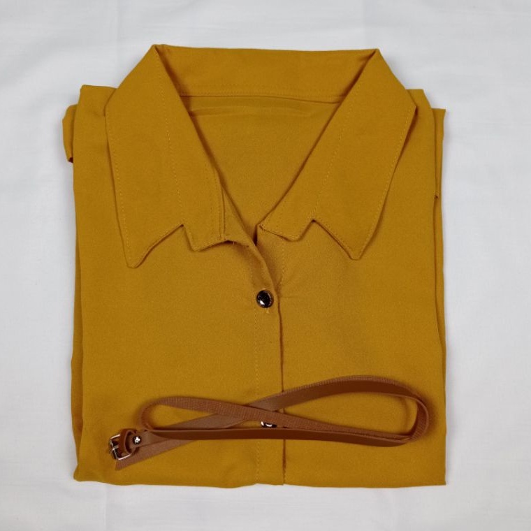Kemeja Wanita Atasan Blouse Casual Polos Lengan Panjang Kekinian Bahan Moscrep Free belt model Korea-Mustrad-015