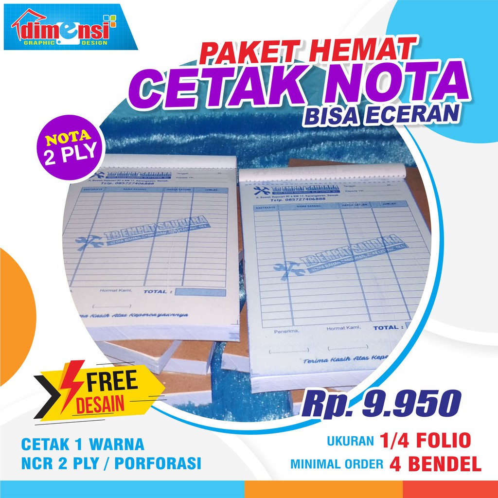 

(MINIMAL 4 BENDEL) Cetak Nota Bon / Invoice / Kwitansi Rangkap 2 Uk. 1/4 Folio - DIMENSI ADV