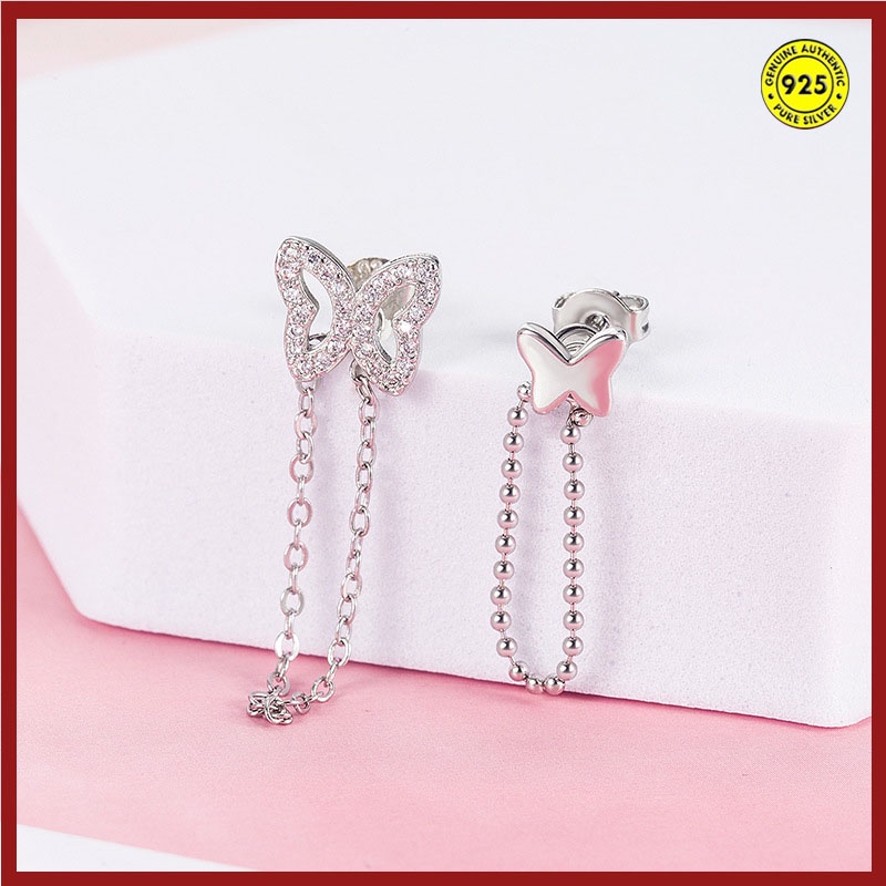 Anting Stud Desain Kupu-Kupu Asimetris Aksen Berlian Imitasi Bahan S925 Sterling Silver Tahan Air Untuk Wanita