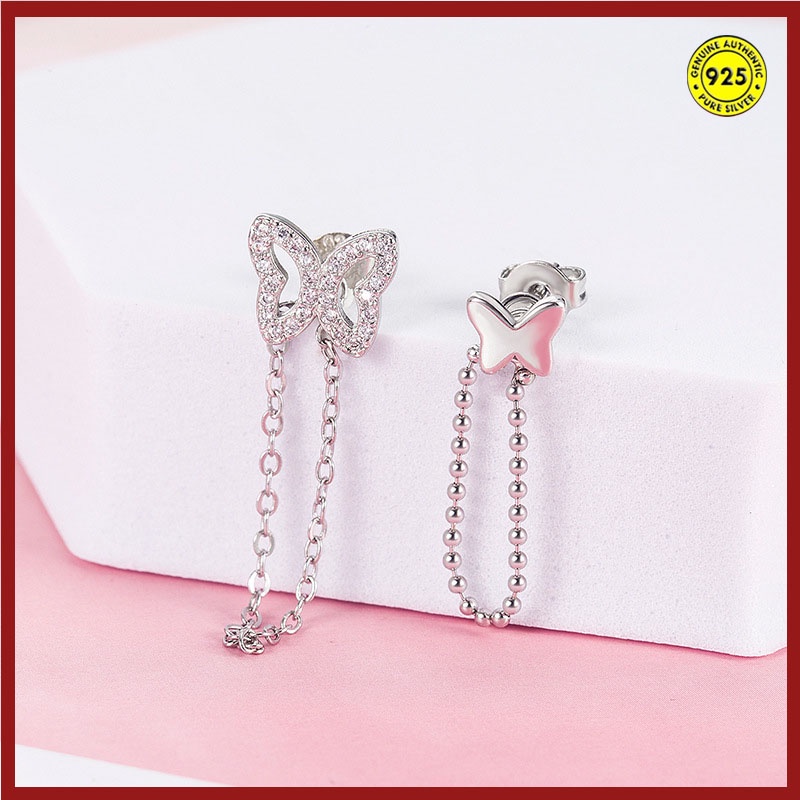 Anting Stud Desain Kupu-Kupu Asimetris Aksen Berlian Imitasi Bahan S925 Sterling Silver Tahan Air Untuk Wanita