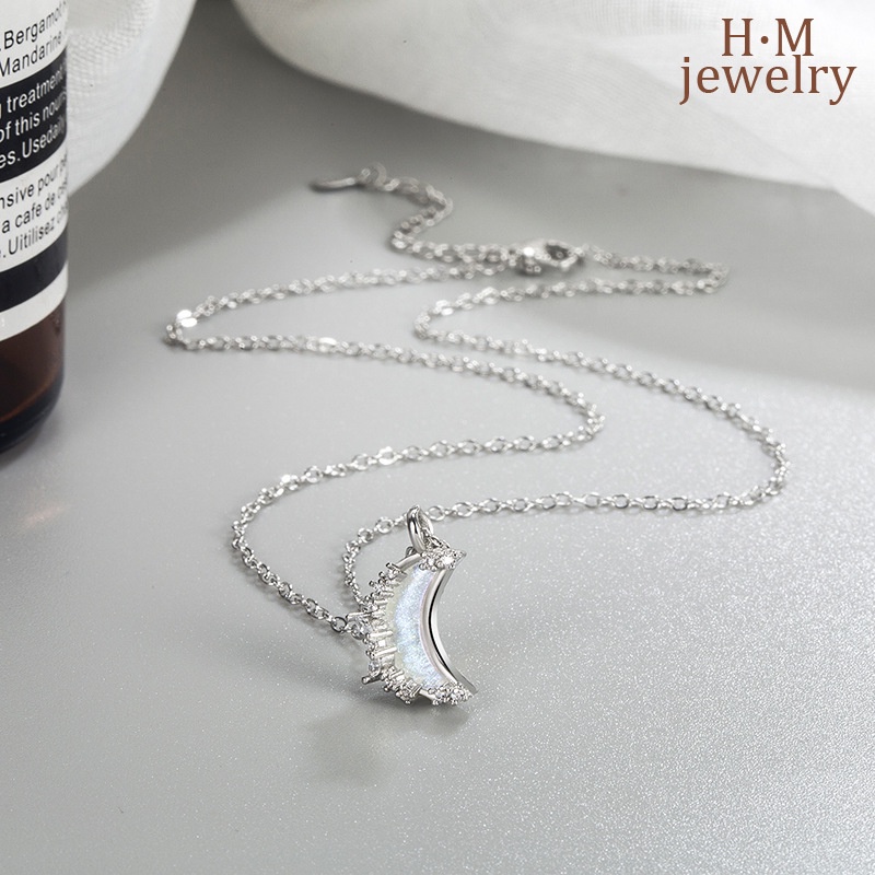 Kalung Rantai Sterling Silver 925 Dengan Liontin Bulan Bintang Berkilau Untuk Wanita