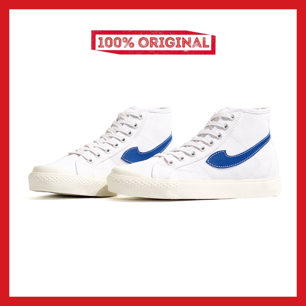 ORIGINAL - Sepatu Brand Lokal Kasual Pria Wanita No Brand White Blue Hi Not Sneakers Compass Gazelle Putih Biru Tinggi