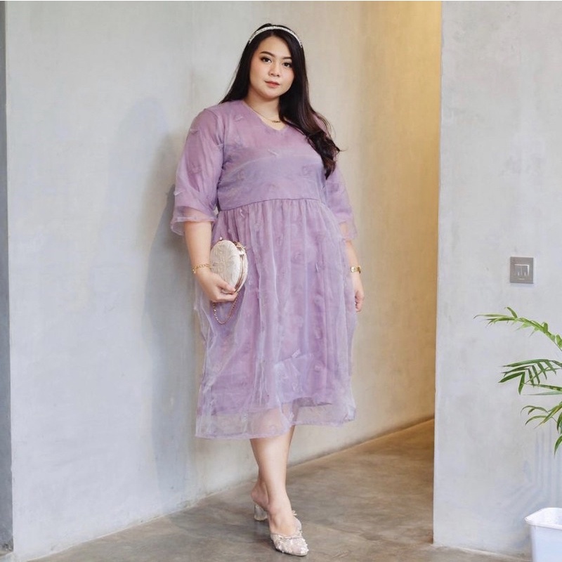 BELLE ORGANZA DRESS LILAC BAJU PESTA FORMAL BIGSIZE JUMBO UKURAN BESAR XL XXL XXXL XXXXL FREE ONGKIR