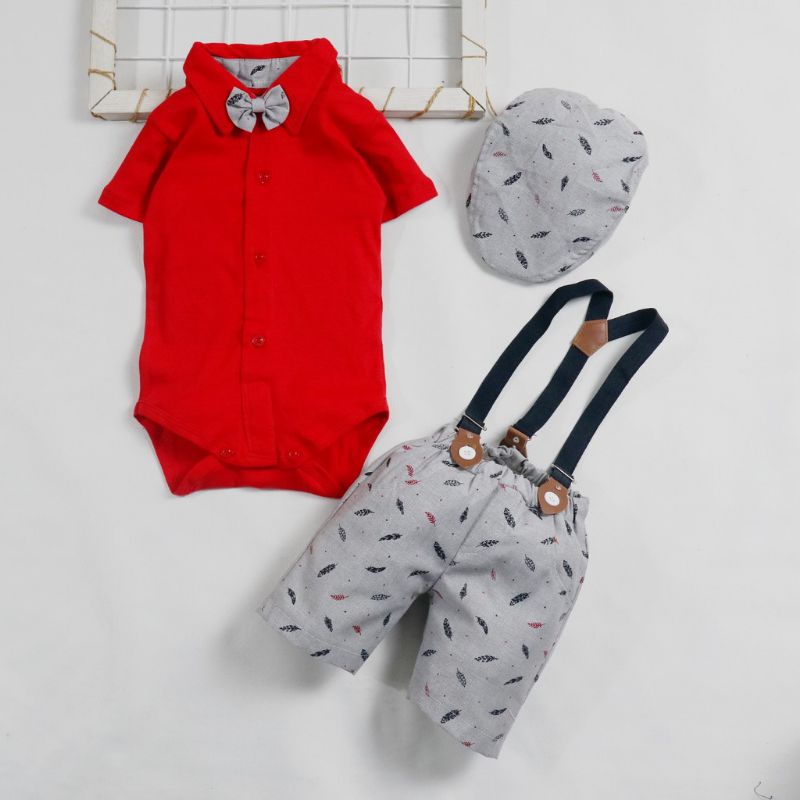 Baju setelan Jumper Suspender Anak Bayi Laki-laki plus topi / Setelan Suspender Bayi Size 3 -9 Bulan-5