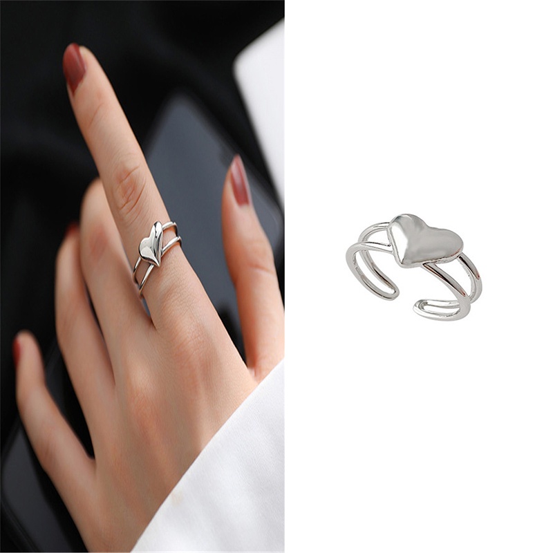 Cincin Model Terbuka Bentuk Hati Warna Silver Gaya Korea Untuk Wanita