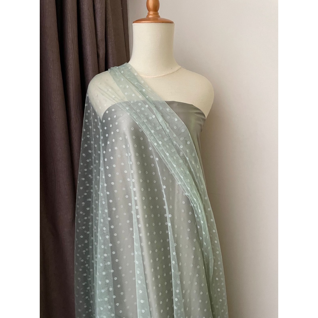 Bahan Kain Soft Tile Tille Tule Tulle Dot Dotty Warna Hijau Sage Green