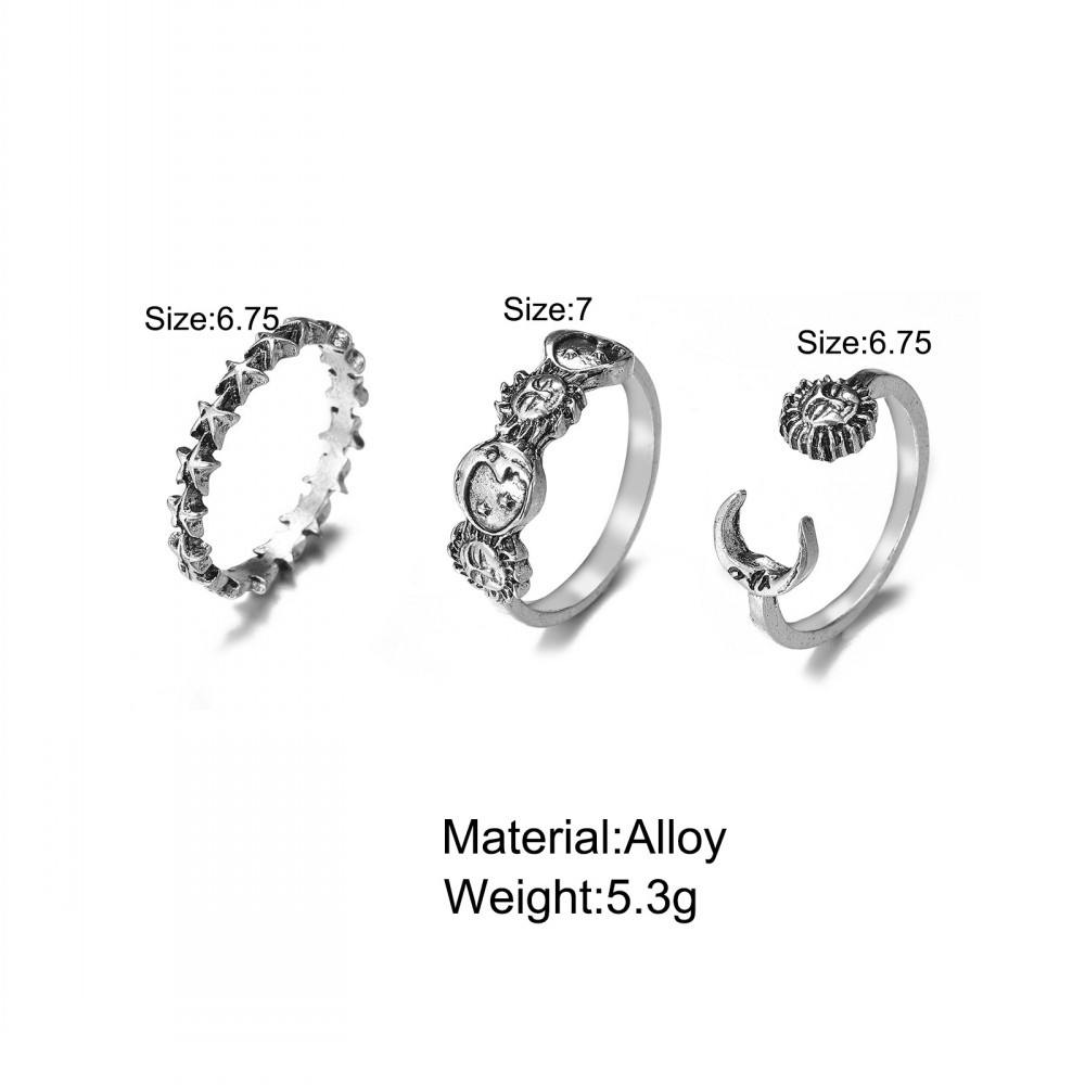 3pcs / Set Cincin Geometris Bulan Matahari Bintang Warna Silver Gaya Vintage Punk Untuk Wanita