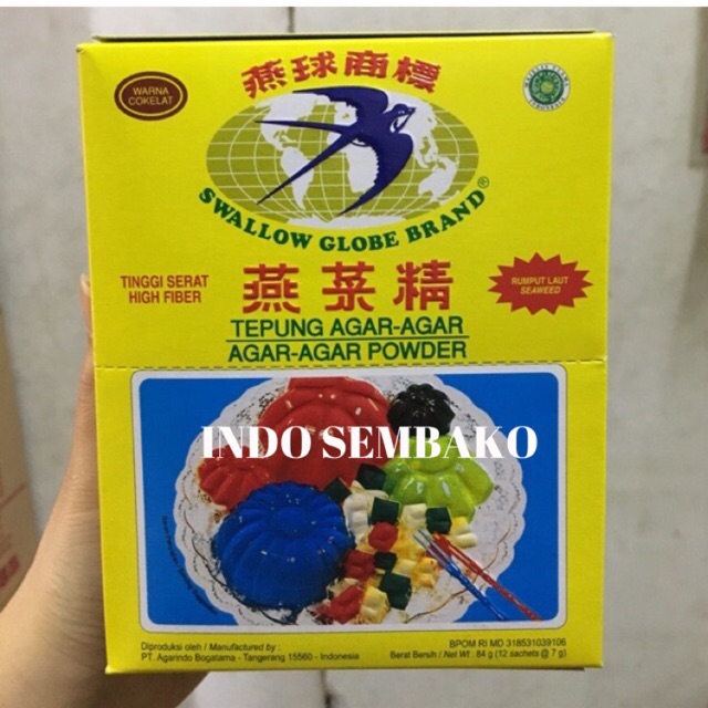 Tepung Agar Agar Swallow 12 sachet Globe Brand / Ager-ager powder ( Coklat , Merah , Hijau , Putih )