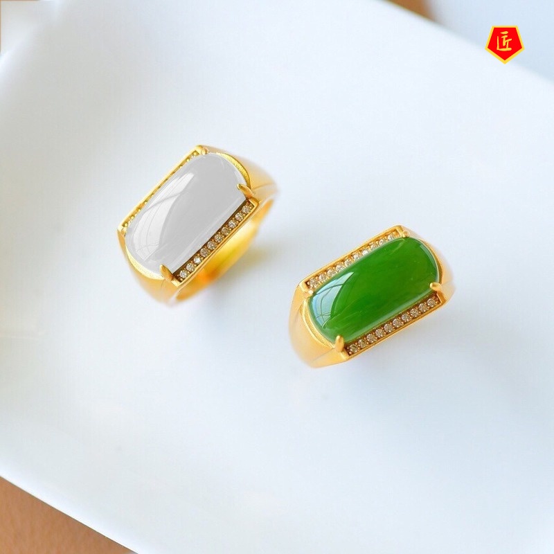 [Ready Stock]Elegant Inlaid Hetian Jade Gold Ring