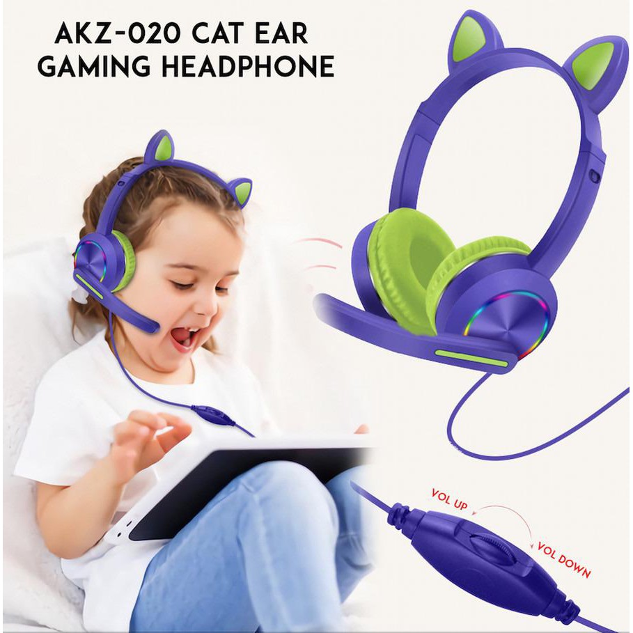 AKZ-020 HEADPHONE BANDO MUSIC CAT LED / HEADSET GAMING CAT + LED