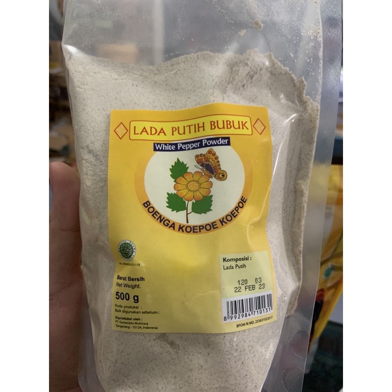 

lada putih bubuk kemasan 500gr merk boenga koepoe kupu white pepper powder