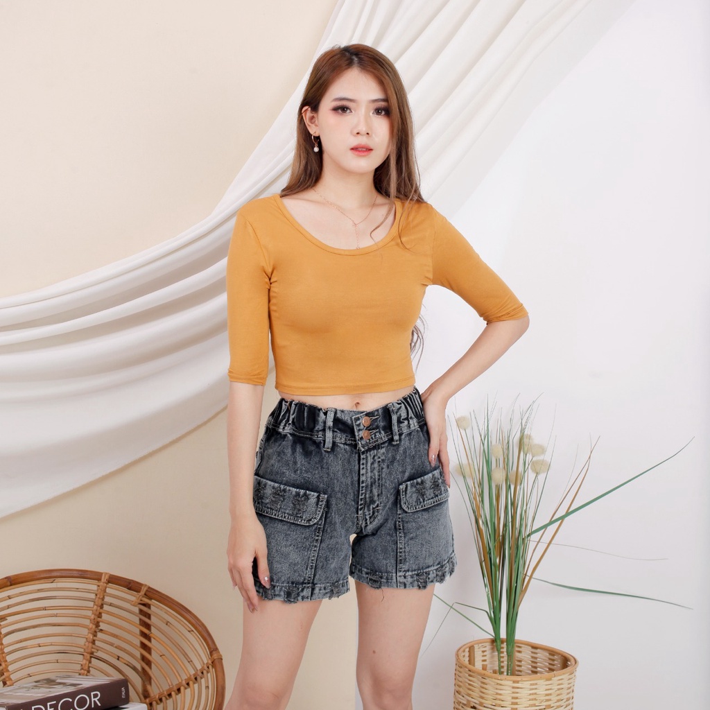 CAVALU Korean Sexy Crop Top Kaos Lengan 3/4 Baju Atasan Wanita 085