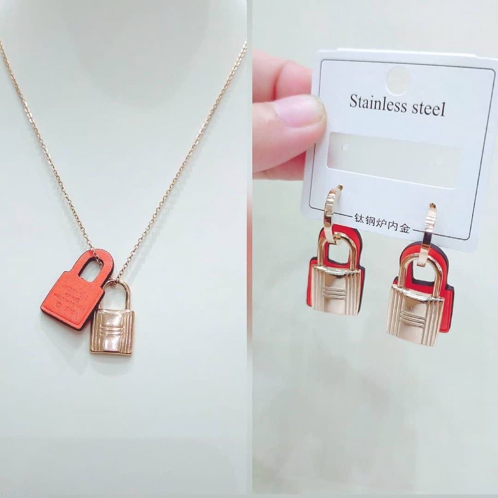 AKSESORIS KALUNG SET ANTING WANITA RANTAI ANTI KARATAN TITANIUM ASLI FASHION GEMBOK POLOS KOREA MEWA