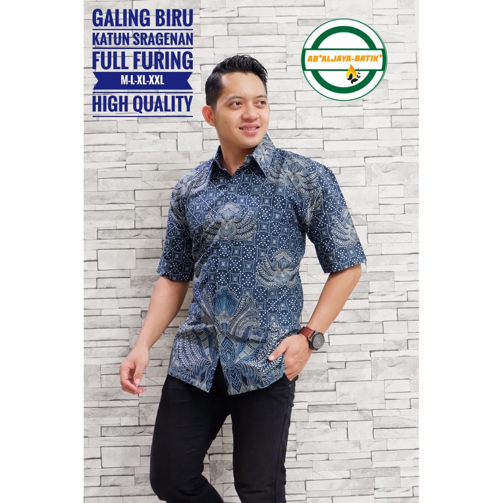 GALING BIRU Baju Kemeja Batik Pria Solo Premium Modern Lengan Pendek Katun FULL FURING Aljaya