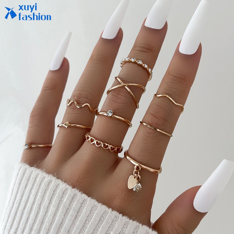 12pcs / Set Cincin Emas Gaya Retro Untuk Wanita