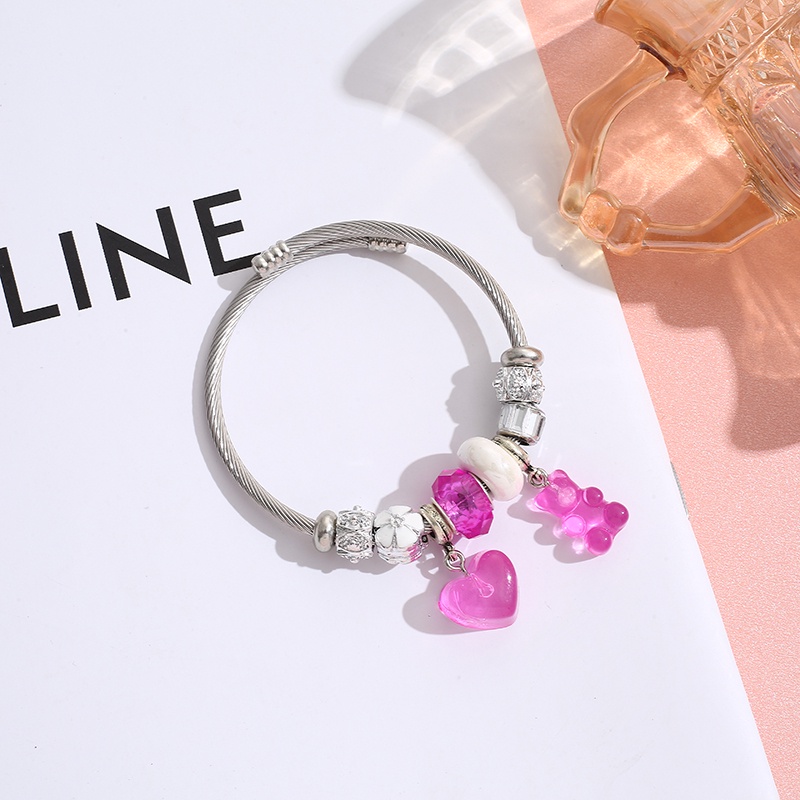 XiaoboACC Gelang Manik-Manik Kristal Dengan Liontin Beruang Bahan Stainless Steel Warna Jelly Untuk Wanita