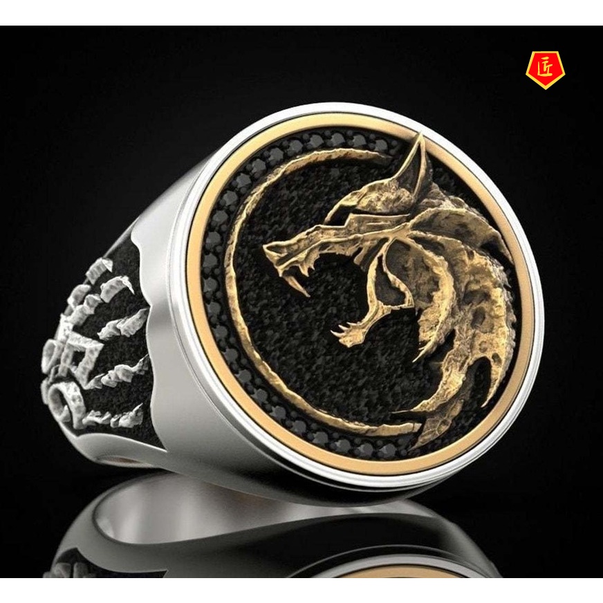 [Ready Stock]Men's Retro Two-Tone Wolf Ring